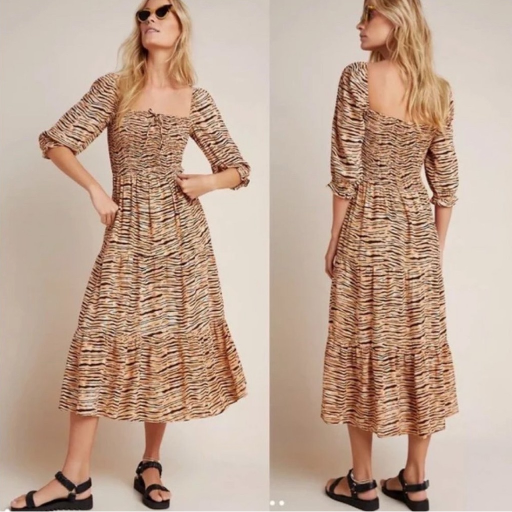 Faithfull The Brand Le Galet De Christin Smocked Animal Print Linen Dress